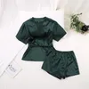 Sexig Cardigan Lace Up Nightgown Set Home Cloth Autumn Satin Långärmad Loose Pants Lady Sleep Robe Pyjama Suit250p