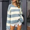 BeAvant Casual rayé tricoté pull femmes O cou épais pull femme pull ample doux streetwear laine pull hiver 210709