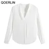 OL V Pescoço Pullover Blusa Mulheres Manga Longa Peixe Branco Puro Mais Elegante Botão Duplo Solto Cuff Mujer 210601