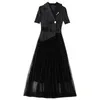 2021 Summer Short Sleeve Notched-Lapel Black Striped Tulle Panelled Pleated Double-Breasted Dress Elegant Casual Dresses XXL 21Q088B236239241242