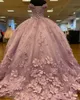 الزهور الأميرة الكرة ثوب فساتين quinceanera 3d الدانتيل applqiues الخامس الرقبة الحلو 16 فستان حفلة موسيقية حزب ارتداء فساتين مناسبة خاصة