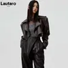Lautaro осень короткие негабаритные коричневые кожаные байкерская куртка женщин с длинным рукавом молния Свободные стильные обрезанные вершины корейской моды 211011