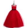新しい到着ジュエルネックグレーの赤い花の女の子のドレスの床の長さの王女の服を持つ子供たちのための子供のための子供のための王女のドレス