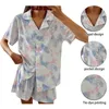 Mignon Cartoon Tie Dye Homewear Mujer Revers Summer Vêtements de nuit Sommeil Tops + Shorts Pijama Fille élégante Belle Vêtements d'extérieur X0526