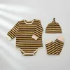 3ピース秋の赤ちゃん男の子ガール服セットストリップセット新生児男の子女の子子供トップスロンパース+ロングパンツ帽子衣装服G1023