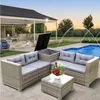 4 Piece Patio Sectional Wicker Rattan Outdoor Furniture Sofa Set with Storage Box Grey US stock a04 a14