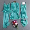 Femmes Sleepwear Sexy Satin Pyjamas avec dentelle 5 pcs PJS Set Faux Silk Nightwear Nightwear Loose Robe Lingerie intime Q0706