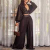 Women's Two Piece Pants 2021 Summer Women Casual Plus Size Sets See Through Lantern Sleeve Mesh Crop Top & Pleated Wide Leg