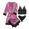 Lace Satin Women Pajamas Sleep Robe 4pcs Set Fashion Style Home Clothing Suit Ladies Sexy Bra Shorts Underwear