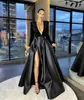 2021 Sexy Dark Green Black Elegant Evening Dresses Wear Sequined Lace With Long Sleeve Dubai Arabic Sequins Satin Prom Gowns Party Dress Deep V Neck High Split