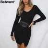 Abito maglione lavorato a maglia aderente con scollo a V BeAvant Vestito lavorato a maglia a maniche lunghe casual con spacco sexy Donna autunno inverno abiti donna 210709