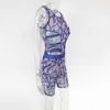 Beyprern Schönes, durchsichtiges, bedrucktes Netz-Shorts-Set, zweiteilige Anzüge, neues Damen-durchsichtiges Netz-Crop-Top und passendes Set Clubwears Y0702
