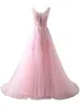 Kobiety Prom Dresses V Neck Bez Rękawów Długość Linia Długość Aplikacje Koronki Z Pearl Soft Tulle Suknie Graduacyjne Suknie