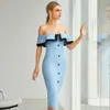 Le ultime donne Sky Blue Sexy Off-Shoulder Ruffled Bodycon Rayon Bandage Dress Elegant Club Party Vestidos 210527