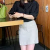 Yitimuceng простая блузка женщины прямые яркие линии украшения рубашки корейский мода короткий слойный рукав черные вершины лето 210601