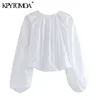 KPYTOMOA Kobiety moda z zadaszonymi guzikami przyciętymi bluzkami vintage o szyi Latarn Rękawe żeńskie koszule eleganckie topy 210308