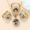 2021 Arrival Gold-Color Wedding Ring Jewelry Rainbow Stone Charm Bracelet Necklace Sets African Women Accessories