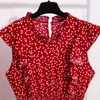 Vintage Butterfly Sleeve Ruffles Heart Dot Print Dress Women Medium Long Chiffon Ladies Spring Summer Dress Red Black Blue 210715