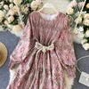 LY VAREY LIN Autumn Vintage Print Dresses Women Bohemian Style Long Puff Sleeve O Neck Lace Up Back Zippers Pink Dress 210526