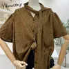 Yitimuceng Vintage Blouse Women Oversize Leopard Lace Up Chiffon Shirts Korean Fashion Short Sleeve Gray Coffee Tops Summer 210601