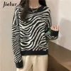 Jielur O-Neck Women's Sweater Loose Pullovers Ladies Soft Striped Zebra Chic Korean Knitted Sweaters Casual Tops Winter Harajuku 210914