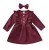 Tjejer klänningar toddler corduroy klänning med hårnål baby spets prinsessa bowknot huvudband spädbarn långärmad nyfödd boutique kläder wmq626