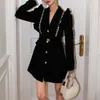 Autumn New Women's Rhinestone Patchwork Puff Long Sleeve With Belt Slim Midje Medium Lång svart färg Blazer Suit SML