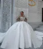 2022 Plus Size Arabic Aso Ebi Luxurious Lace Beaded Wedding Dress Sheer Neck Long Sleeves Satin Sexy Bridal Gowns Dresses