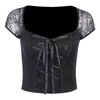 Sexig Street T-shirt Kvinnor Lace Patchwork Square Collar Kortärmad Kläder Gotisk Punk Lacing Slim Dark Top Tee Femme 210607