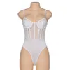 Summer New Sexy Lace Sheer Mesh See-Through Push Up Bodysuit White Black Women Body Outfits Swimsuit One Piece Bathing Suit 210306