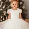 Girl's Dresses 2022 Lovely Flower Girls For Weddings Princess Jewel Long Sleeves Lace Appliques Big Bow Sweep Train Little Kids Holy
