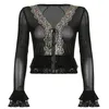 Women's Blouses & Shirts Floral Lace Trim Mesh Long Sleeve Front Open Tie Up Sexy V-Neck See Through Wild Slim Female Cropped Shirt Tops