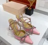 Elegante arco duplo cristal-embelezado bombas de pvc sapatos 90mm carretel saltos sandálias mulheres luxo designers vestido sapato noite tornozelo cinta caixa