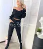 Sexy Sweater Set Tracksuit 2 Pieces Women Solid Color Off Shoulder Batwing Sleeve Suit V Neck Pencil Trouser Fall 211105