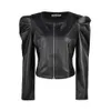 Veste Femmes Zipper Court En Cuir s Manteau Automne Manches Bouffantes Noir Outwear Élégant Mince jaqueta feminina D30 210914