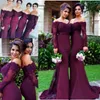 2021 Burgundy Långärmade Sjöjungfru Brudtärna Klänningar Lace Appliques Off The Shoulder Maid of Honor Gowns Custom Made Formal Evening Dresses