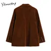 Yitimuceng Corduroy Blazer Kobiety Single Breasted Notched Coats Casual Winter Clothing Office Lady Brown Beige Fall Kurtka 210601