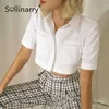 Solinarry High Street Y2K Solid Pocket Crops Tops de mangas curtas Button Lapel Shirts Summer Moda de verão Party Top 210709