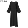 Vonda eleganta kvinnor solid maxi lång klänning 2021 bomullsvintage bohemian plus size vit klänning sexig split hem vestido robe femme x05266t