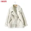 Tangada femmes beige fourrure faux cuir veste manteau avec ceinture col rabattu dames hiver épais chaud surdimensionné manteau 5B01 211105