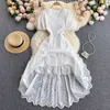 Sexy Hollow Out White Embroidered Long Dress Women Elegant V-Neck Single Breasted Short Puff Sleeve High Waist Robe Summer 2021 Y0603