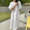 Korejpaa Kobiety Sukienka Korea Chic Proste Casual Joker Solid Color O Neck Bright Line Design Loose Double Pocket Vestido 210526