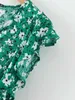 Kobiety V Neck Flower Print Ruffles Green Midi Sukienka Elegancki Shrink Fold Design Vestidos Chic Marka Dresses DS3576 210603