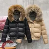 Ftlzz Winter Real Raccoon Fur Down Kurtka Kobiety Z Kapturem Szczupła Biała Korka Krótkie Parkas Kobiet Czarny Khaki Śnieg Znosić Płaszcz 210923