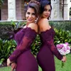 2021 Burgundy Långärmade Sjöjungfru Brudtärna Klänningar Lace Appliques Off The Shoulder Maid of Honor Gowns Custom Made Formal Evening Dresses