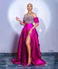 Błyszczące kryształ fuksia wieczorne sukienki formalne z ramion Arabski Aso Ebi Ebi Ebi Ebi African High Slit Prom Recepcja Gown Vestido de Fiesta