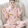 Herfst winter warm flanel vrouwen pyjama sets dikke koraal fluwelen lange mouw nachtkleding schattige flanellen pyjama set thuis doek meisje 211211