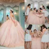 Bling Rose Pink Wedding Dresses High Neck Beading Cold Shoulder Ball Gown Vestidos De Quinceanera Wedding Dress Guest Corset Back 268i