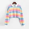 QRWR Polo Shirt Women Sweatshirt Long Sleeve Rainbow Color Ladies Hoodies With Button Striped Korean Style 210910