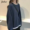 Jielur Kpop Lettera Felpa con cappuccio Moda coreana Thin Chic Felpe da donna Cool Navy Blu Grigio Felpe con cappuccio per donna M-XXL 210910